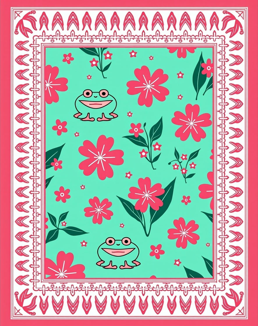 Whimsical Frog and Flower Field Rug
