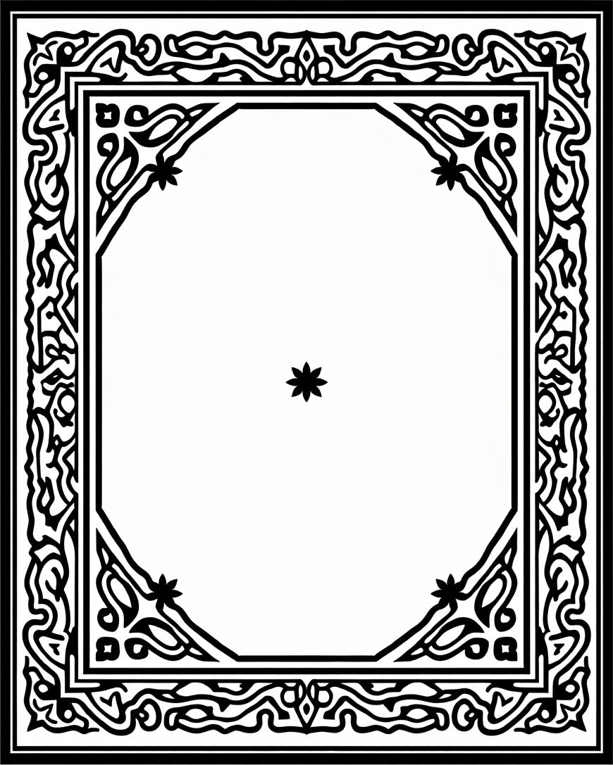 Black White Ornate Eight-Sided Frame Rug