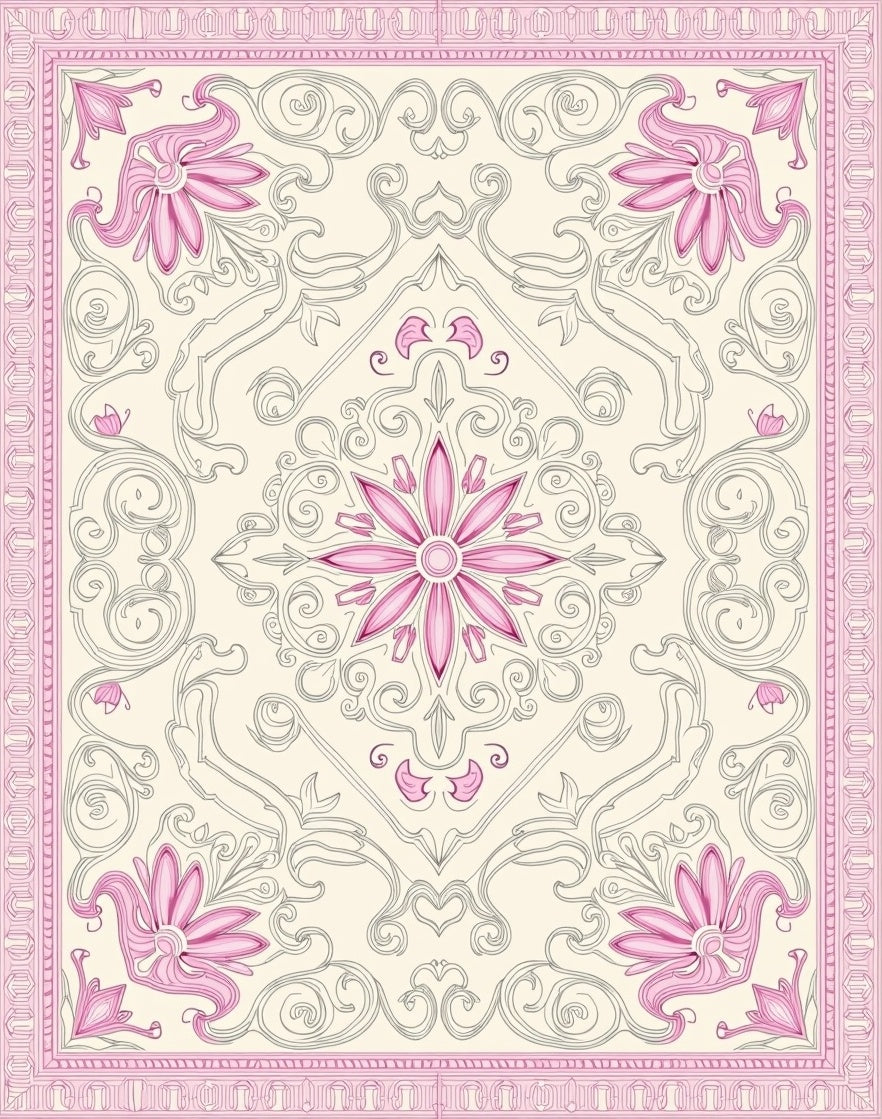 Pink Floral Scrollwork Cream Medallion Rug