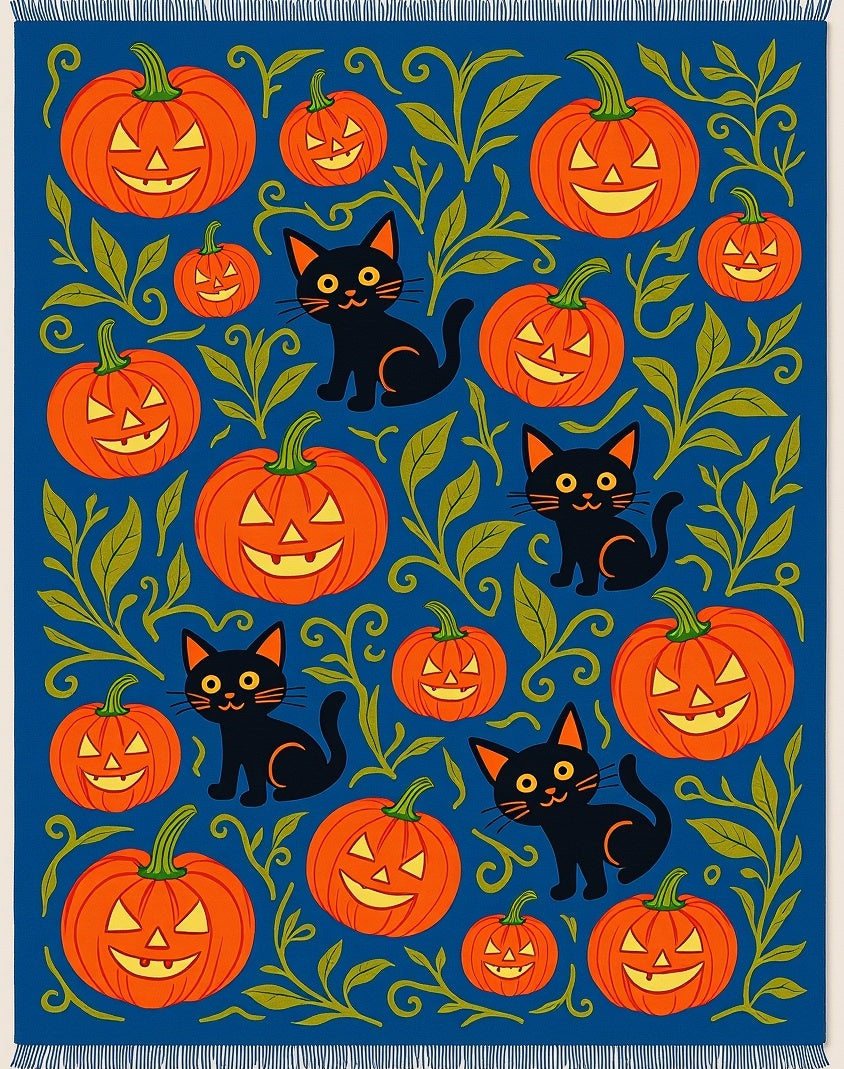 Spooky Black Cats Orange Pumpkins Blue Rug