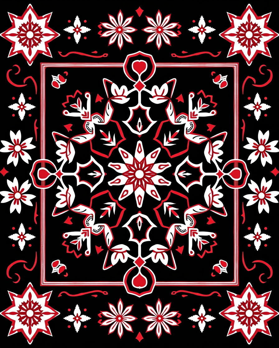 Bold Black Red Floral Starburst Rug
