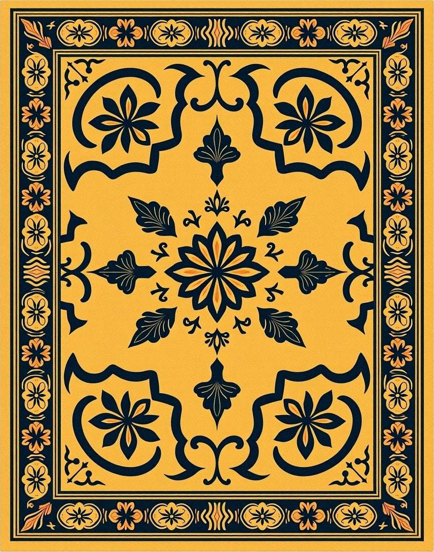 Golden Yellow Floral Border Medallion Rug