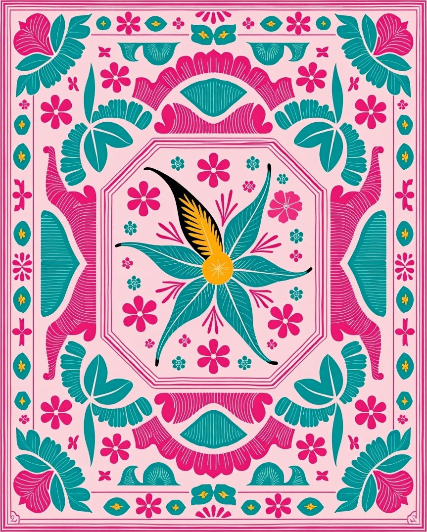 Pink Teal Golden Floral Medallion Rug
