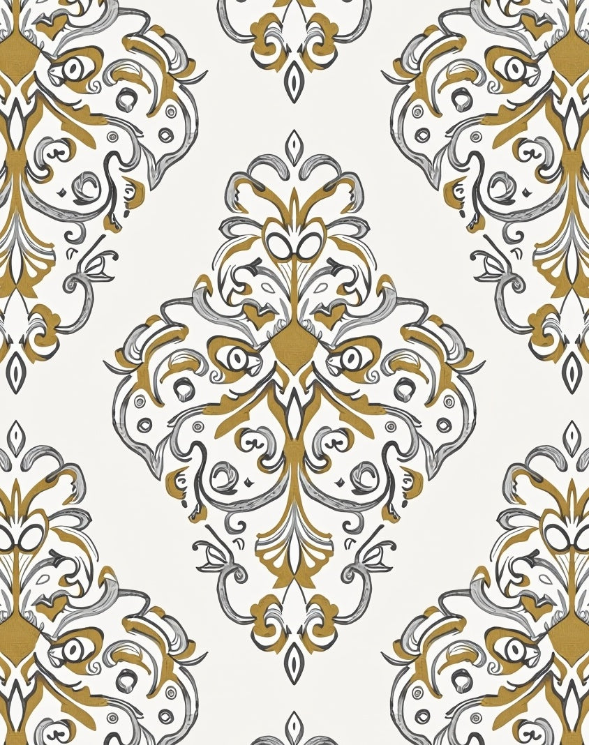 Golden Ochre Gray Damask Scroll Rug
