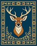 Majestic Deer Head Blue Floral Border Rug