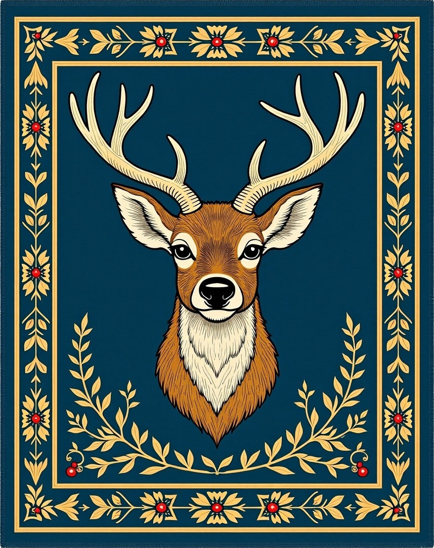 Majestic Deer Head Blue Floral Border Rug