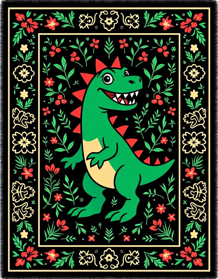 Green Dinosaur Floral Border Rug