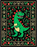 Green Dinosaur Floral Border Rug