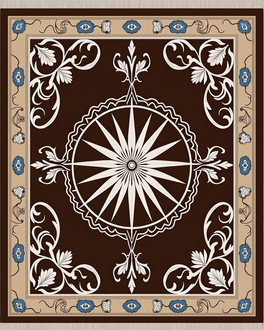 Brown Cream White Blue Floral Starburst Rug