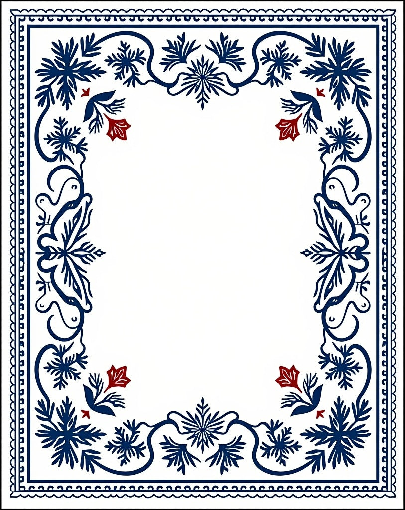 Navy Blue Red Floral Leaf Border Rug