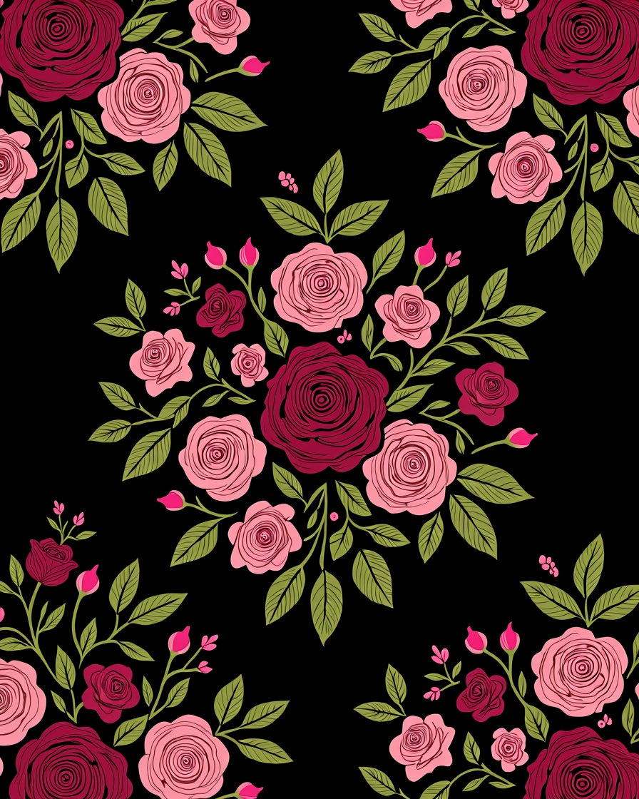 Burgundy Pink Rose Garland Black Rug