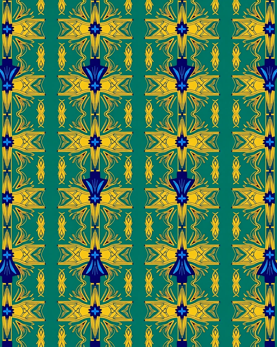 Deep Teal Yellow Blue Floral Symmetry Rug