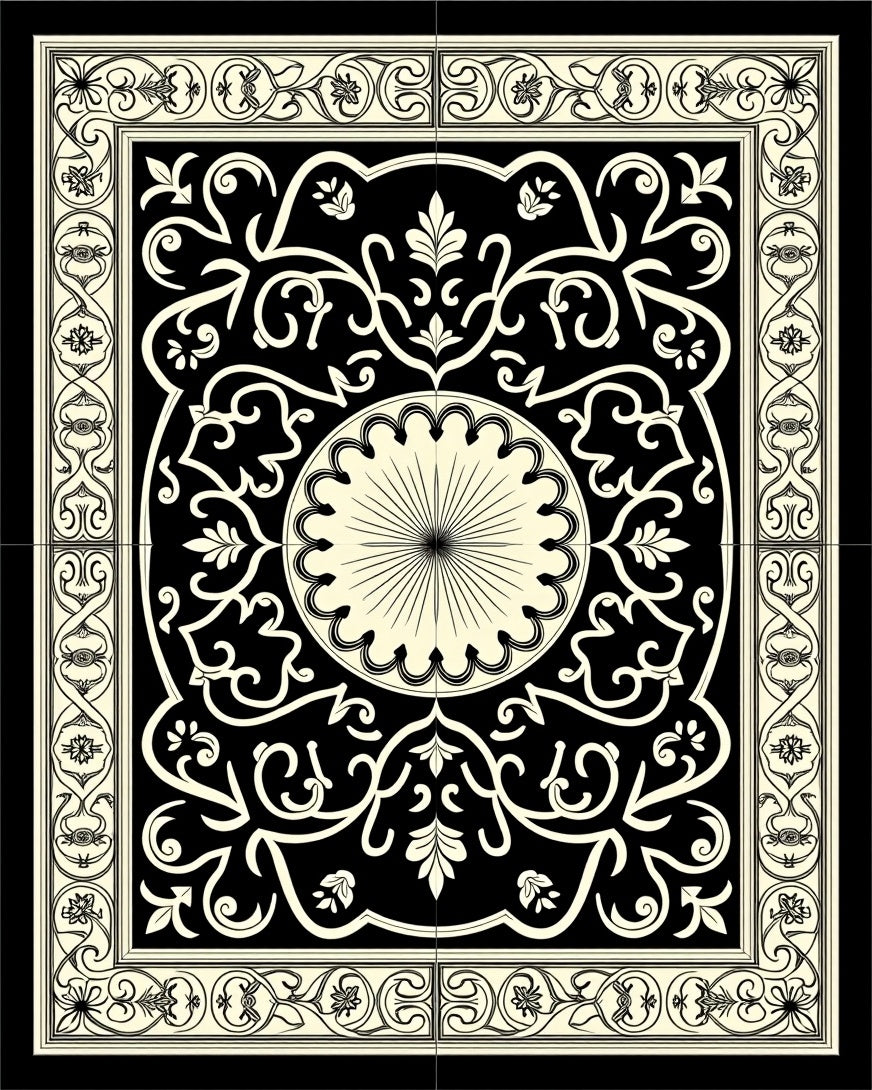 Black Beige Intricate Floral Medallion Rug