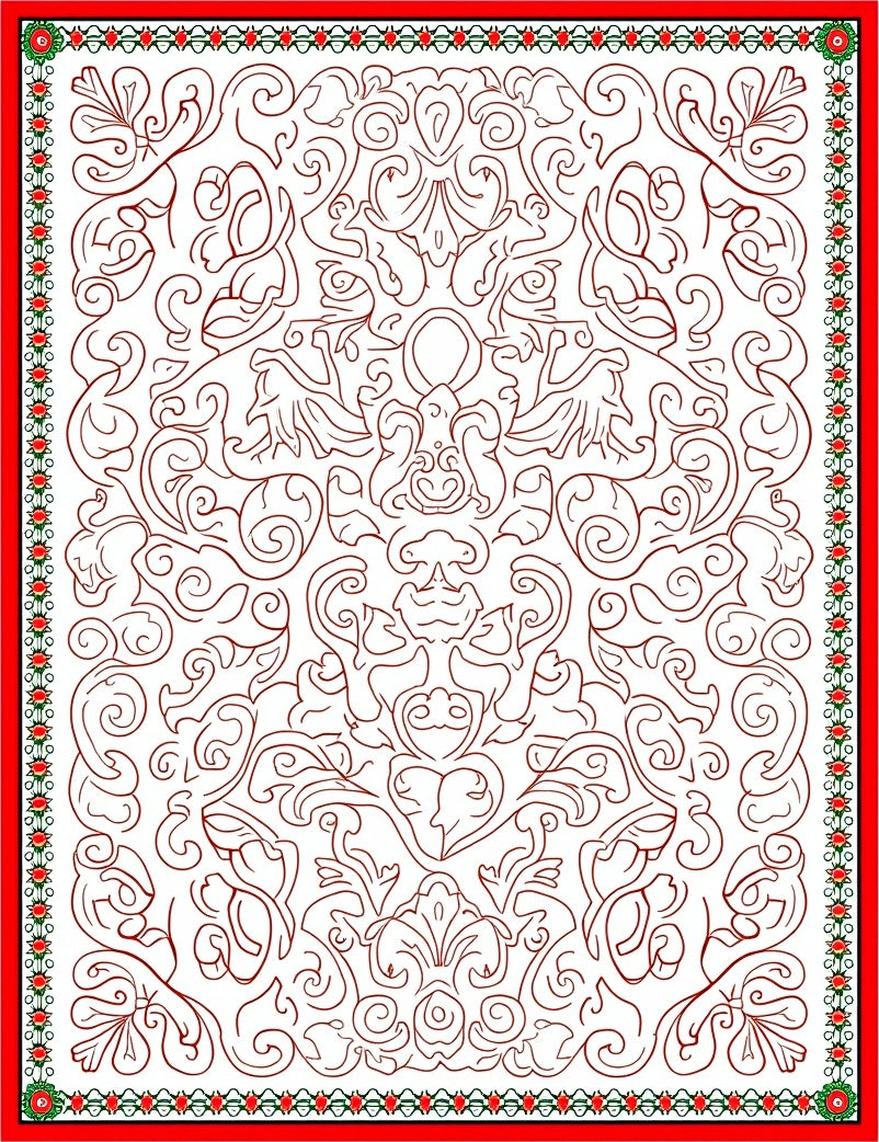 Intricate Red Floral Vines Border Rug