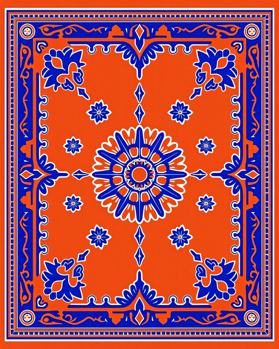 Bold Orange Blue Symmetrical Bloom Rug