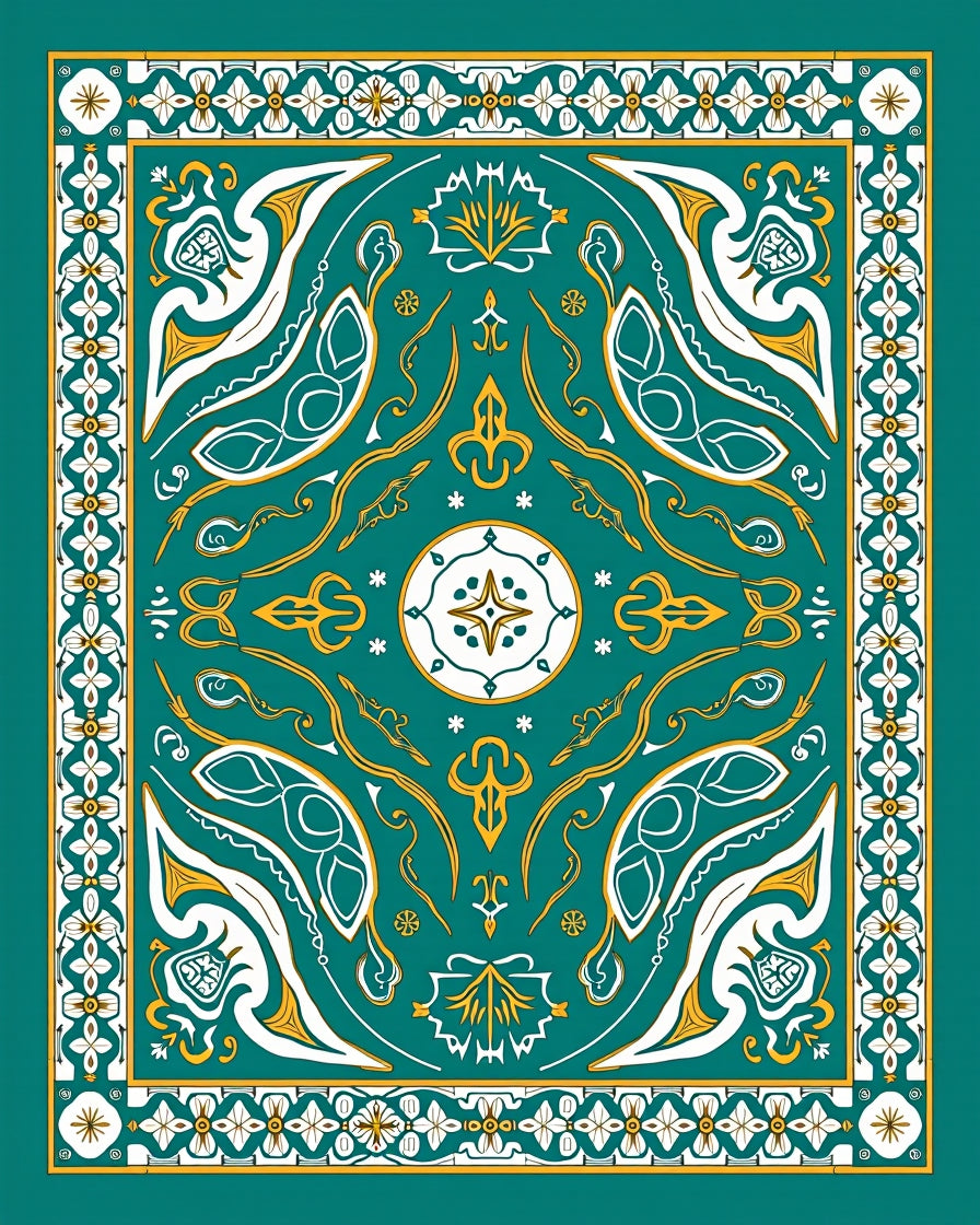 Emerald Gold White Geometric Medallion Art Rug