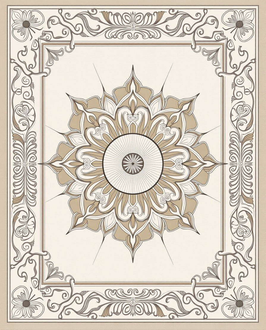 Neutral Tan Floral Medallion Border Rug