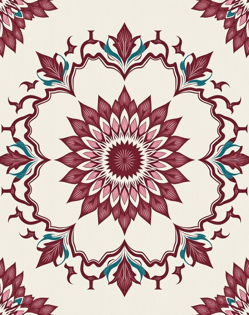 Deep Burgundy Floral Medallion Lattice Rug
