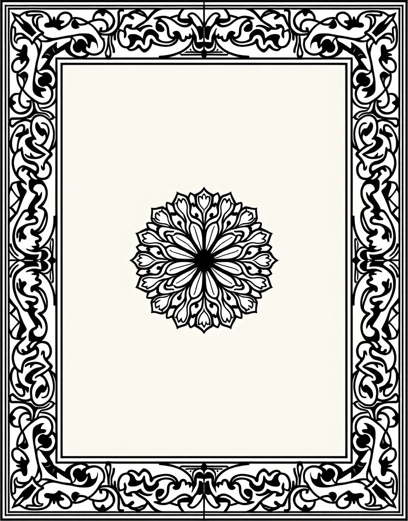 Ornate Black Floral Medallion Frame Rug