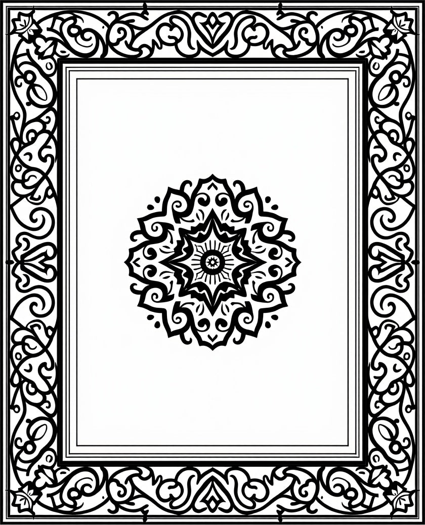 Black Ornamental Mandala Framed Rug
