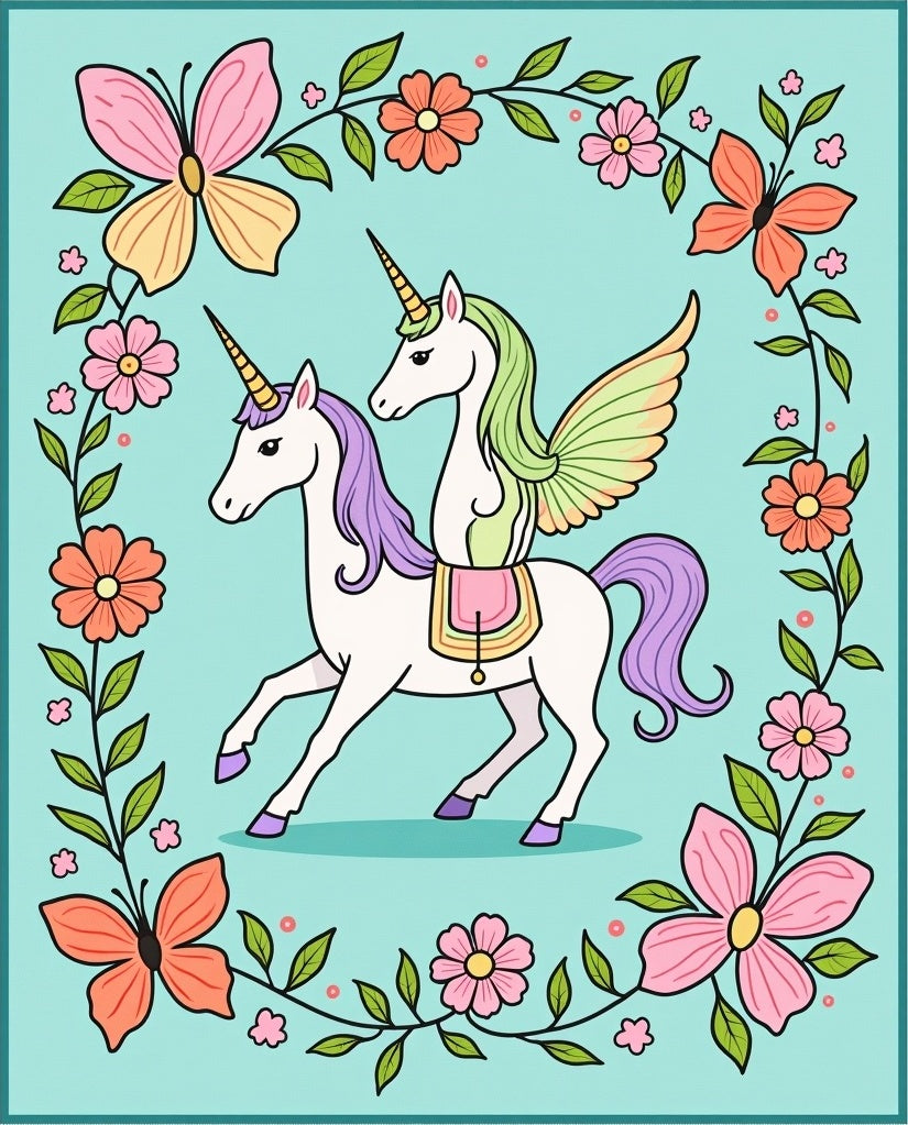 Whimsical Twin Unicorns Floral Butterfly Frame Rug