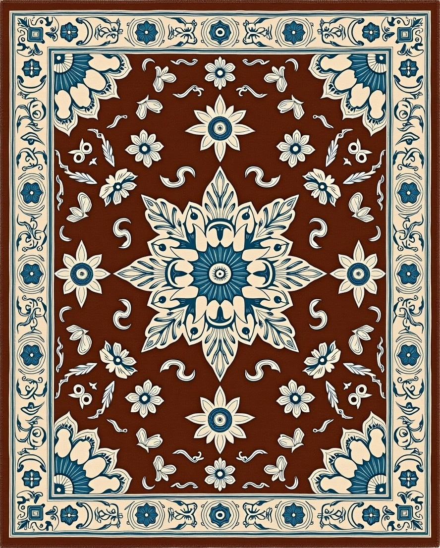 Rich Brown Teal Floral Medallion Rug
