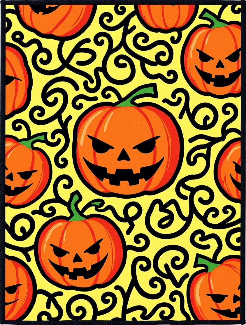 Spooky Orange Pumpkin Swirl Yellow Rug