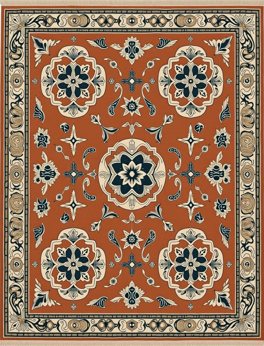 Terracotta Crimson Floral Medallion Rug