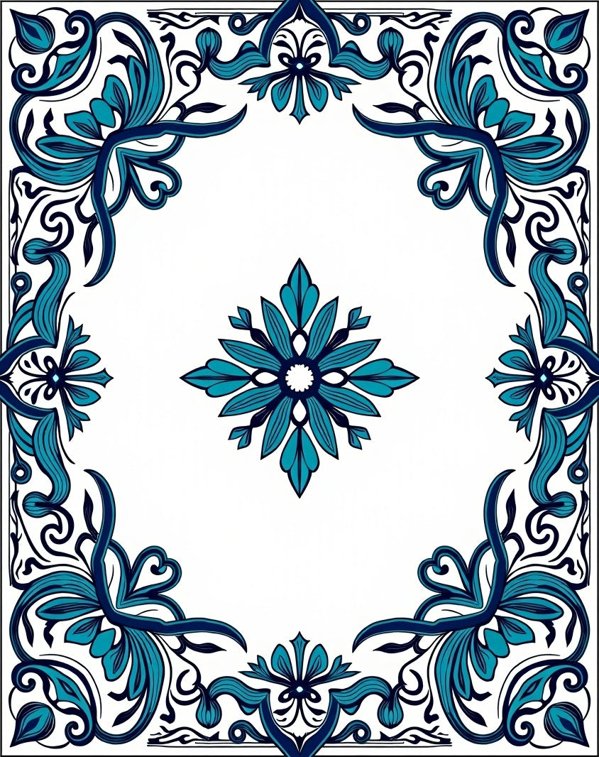 Teal Blue Floral Scroll Medallion Rug