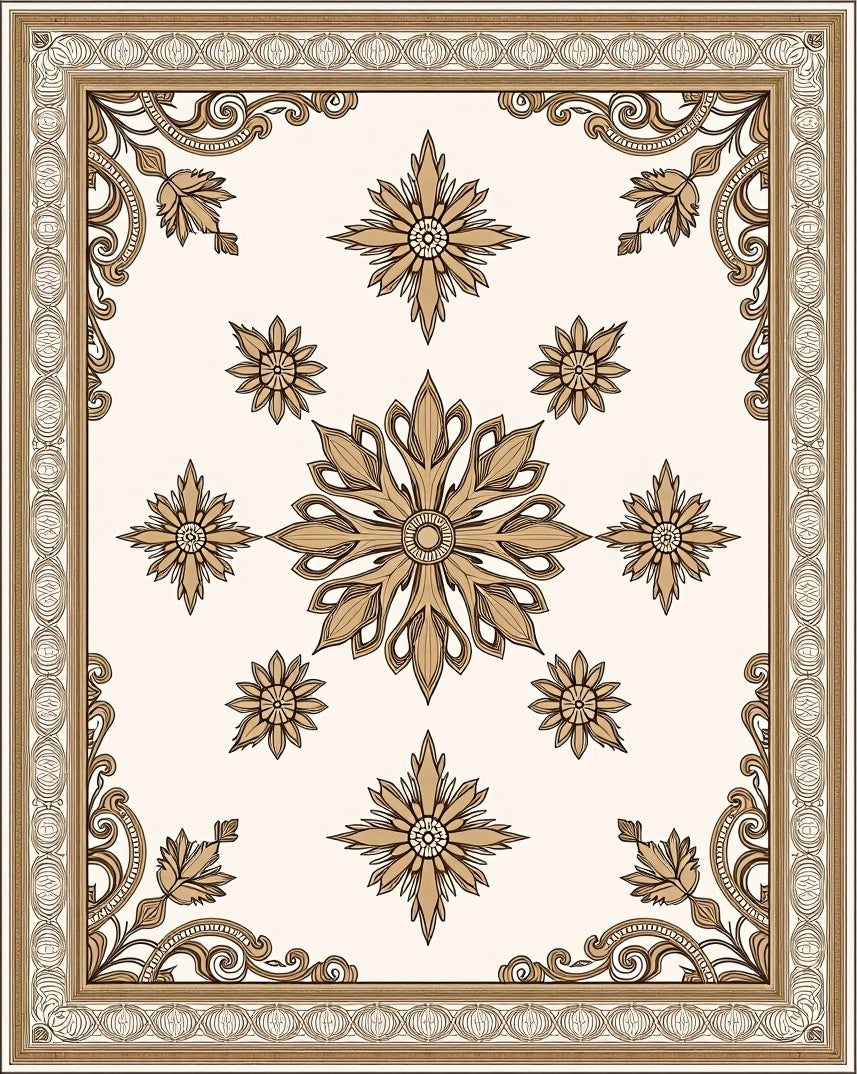 Ornate Floral Medallion and Leaf Border Rug