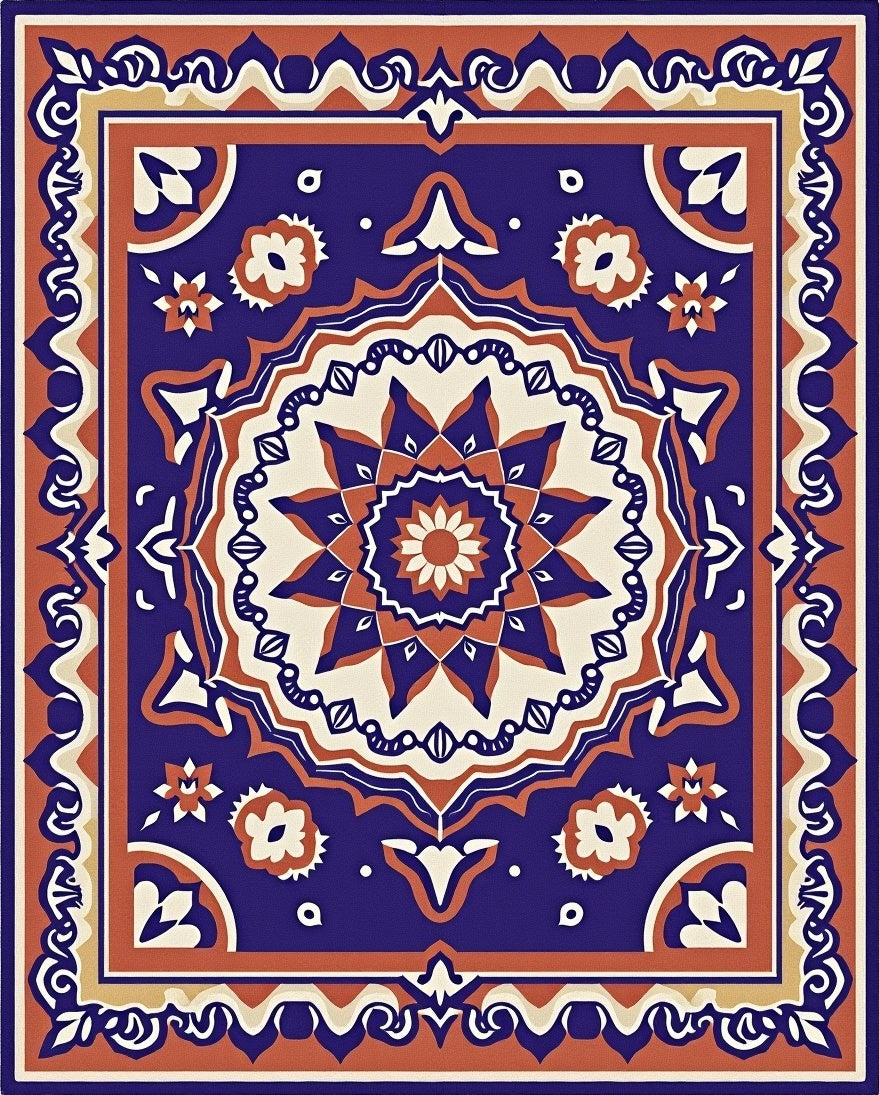 Deep Blue Floral Medallion Art Rug