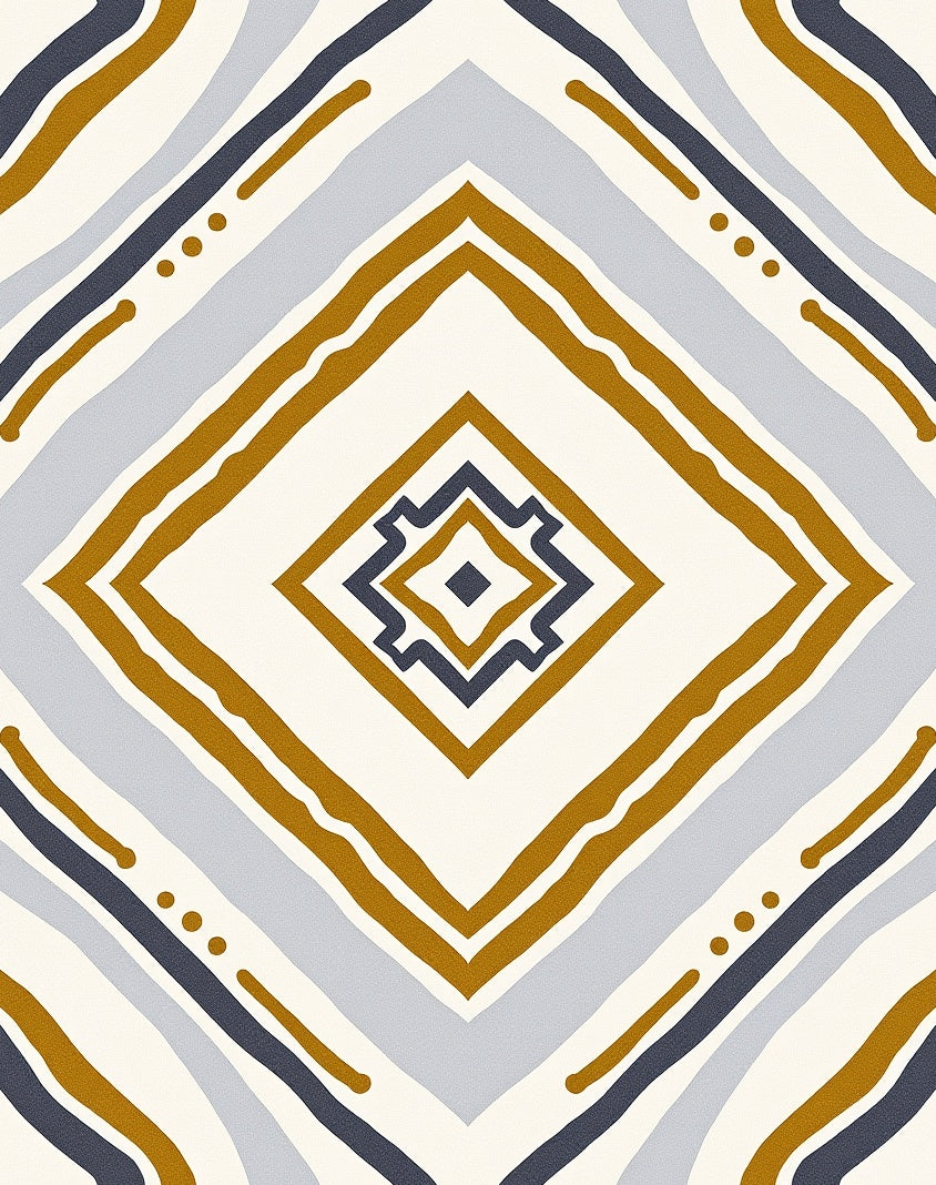 Golden Blue Geometric Diamond Ikat Rug