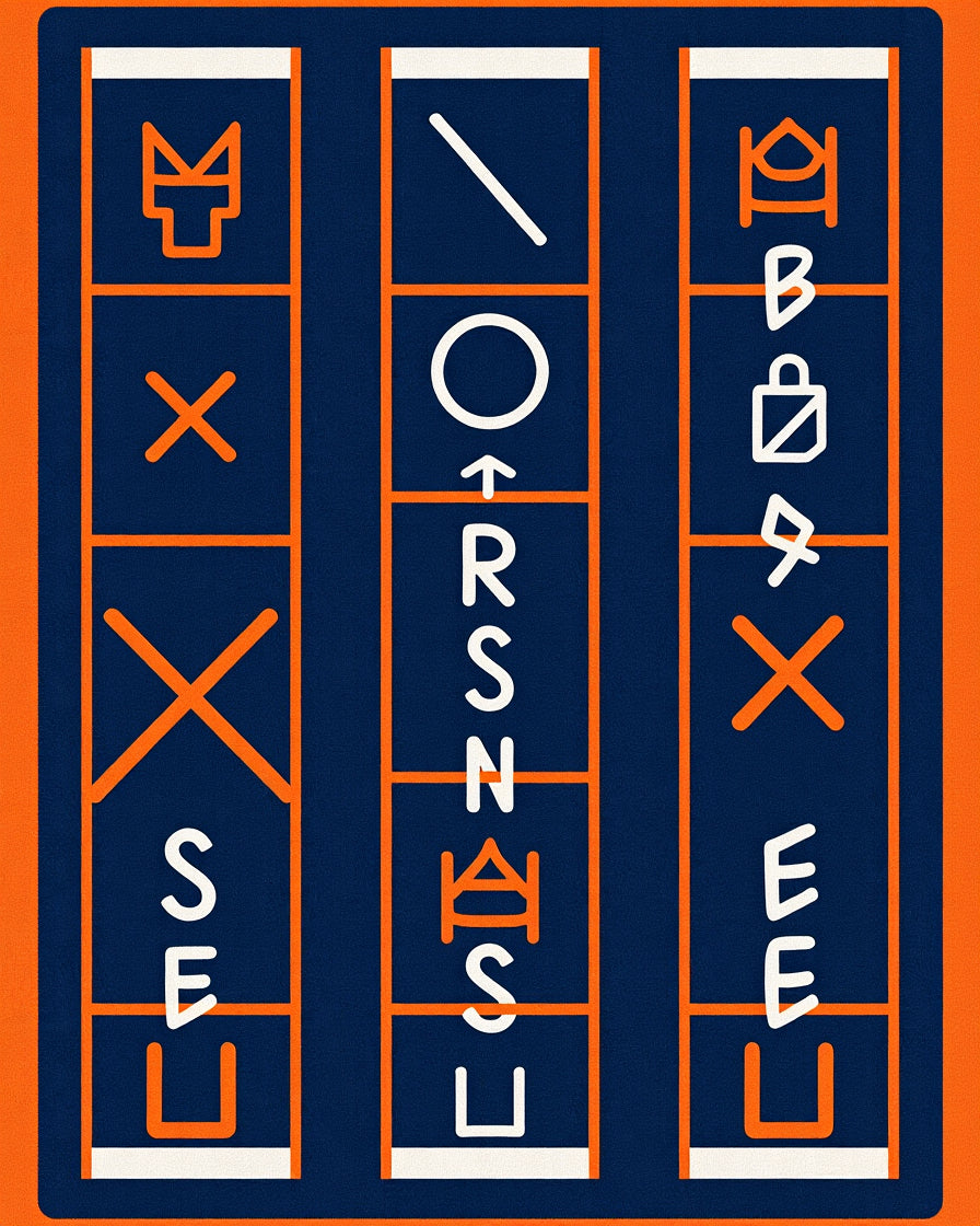 Orange Geometric Symbolic Panels Rug