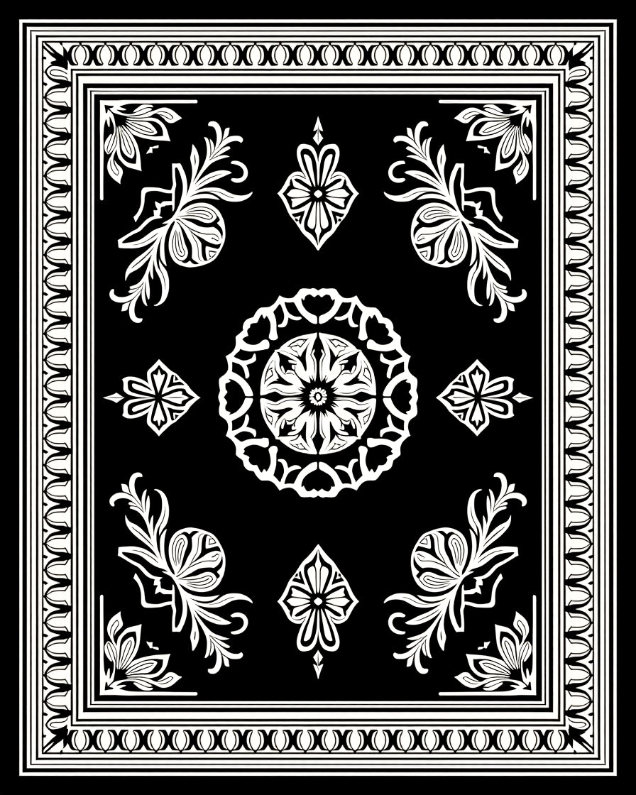 Ornate Black White Ornamental Scroll Rug