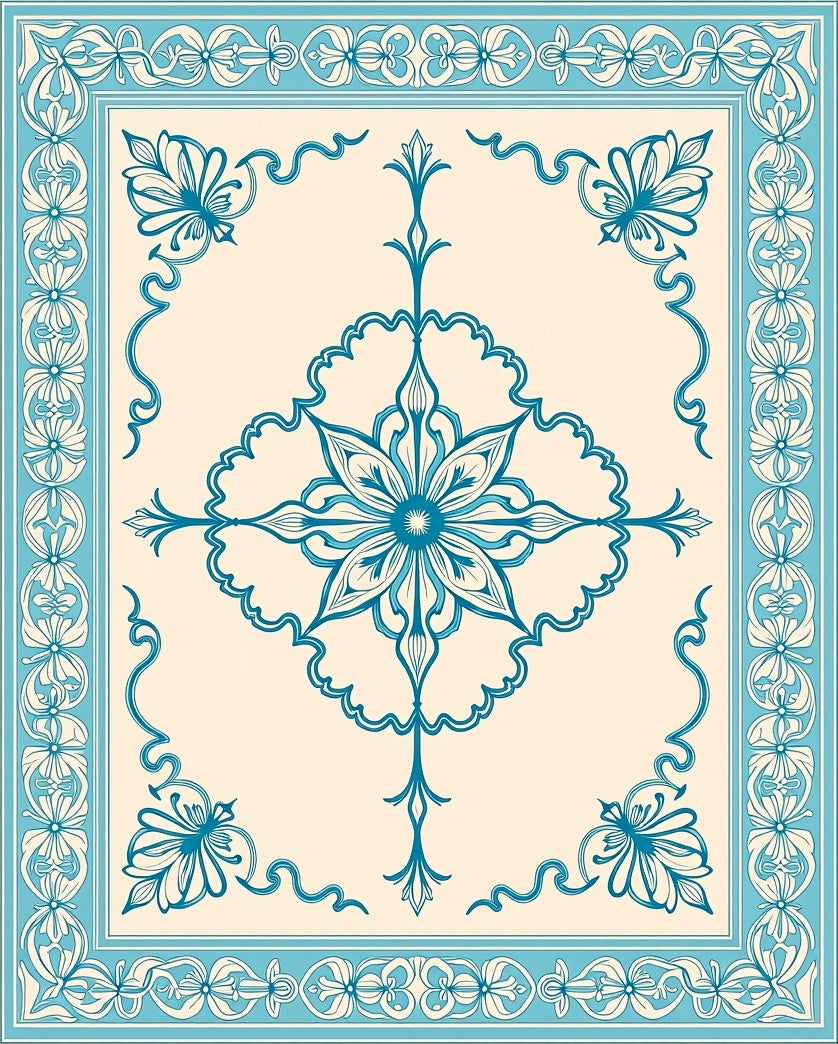 Cerulean Blue Floral Medallion Border Rug