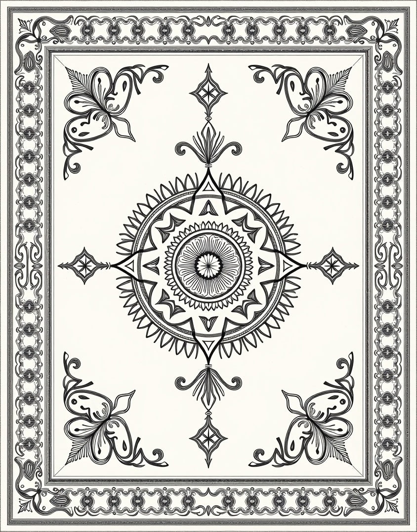 Ornate Black Ivory Medallion Border Rug