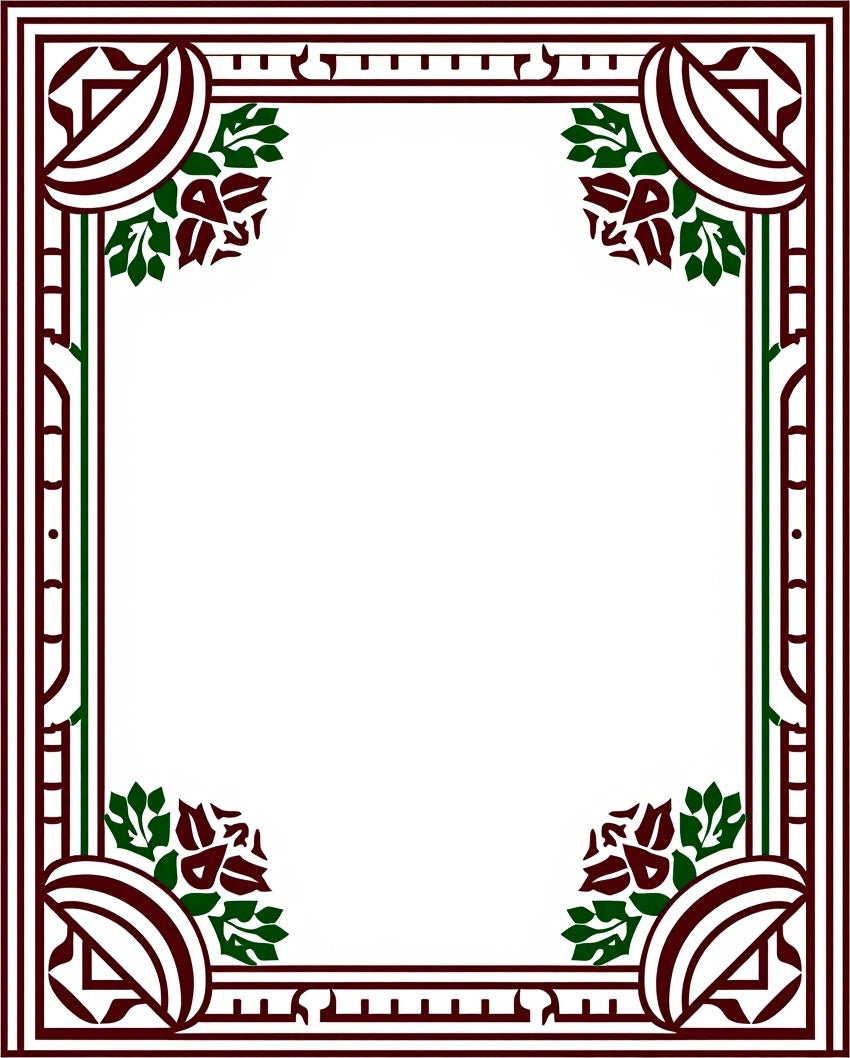 Maroon Dark Green Floral Art Deco Rug