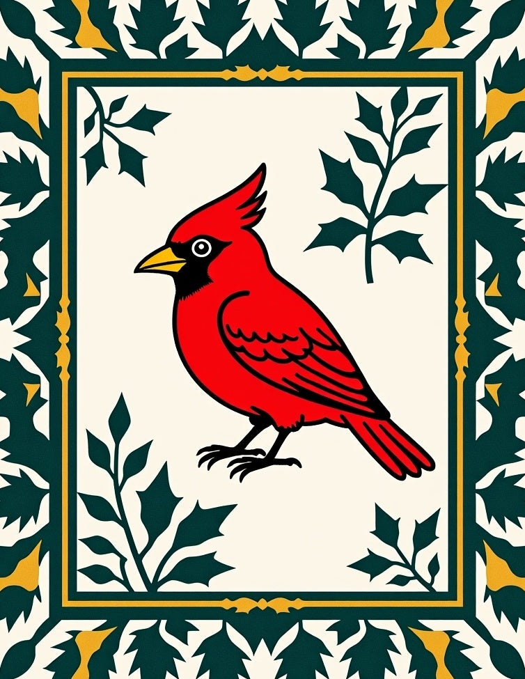 Bright Red Cardinal Botanical Border Rug