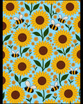 Golden Sunflowers and Bees Sky Blue Rug