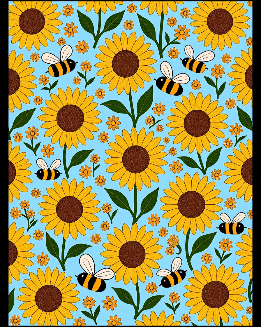 Golden Sunflowers and Bees Sky Blue Rug