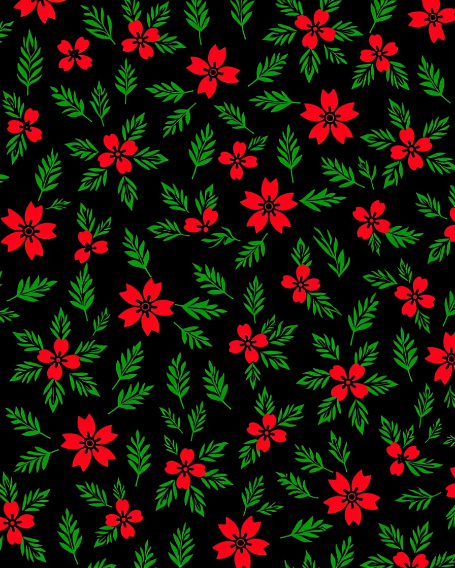 Red Blooming Flowers Green Leaves Rug