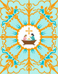 Light Blue Orange Floral Medallion Scene Rug