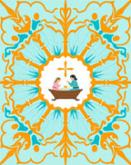 Light Blue Orange Floral Medallion Scene Rug