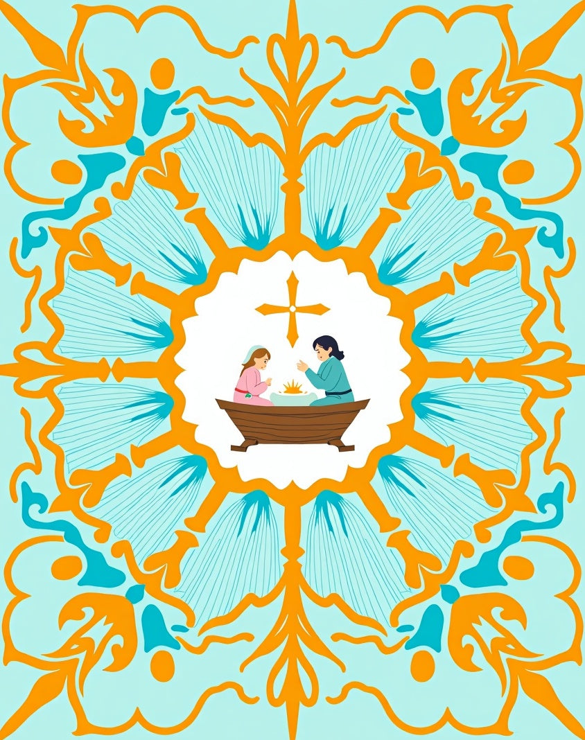 Light Blue Orange Floral Medallion Scene Rug