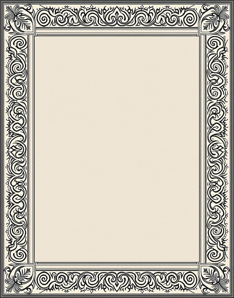 Ornate Black Ivory Scroll Border Rug