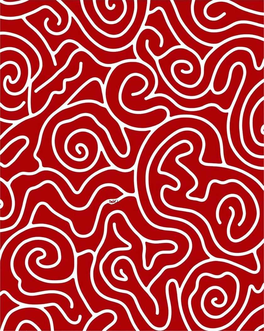 Crimson White Swirl Organic Line Art Rug
