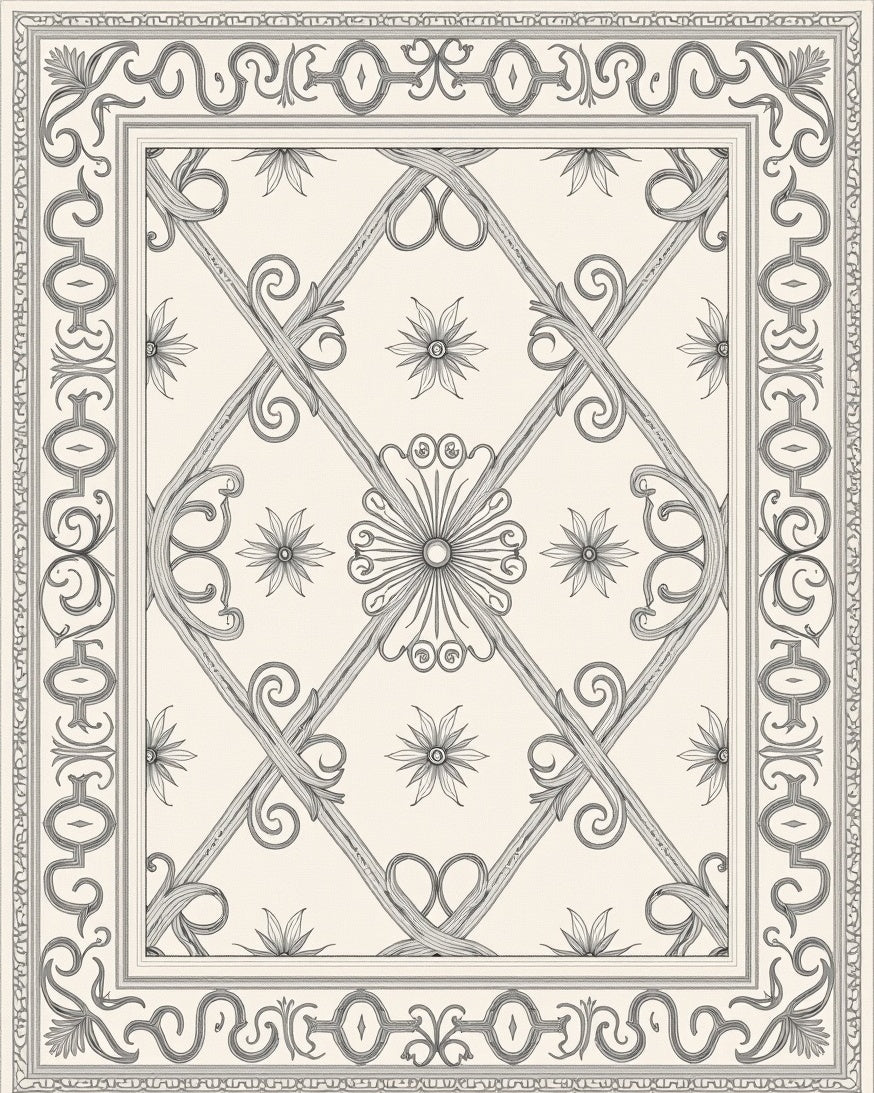 Cream and Gray Scroll Garden Rug
