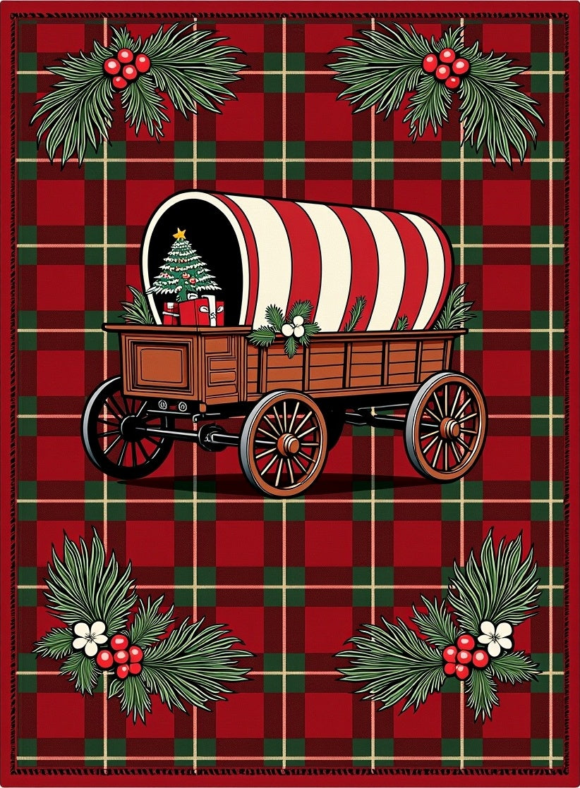 Christmas Wagons on Red Plaid Rug