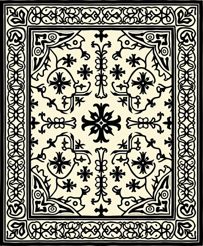 Cream Beige Medieval Floral Border Rug
