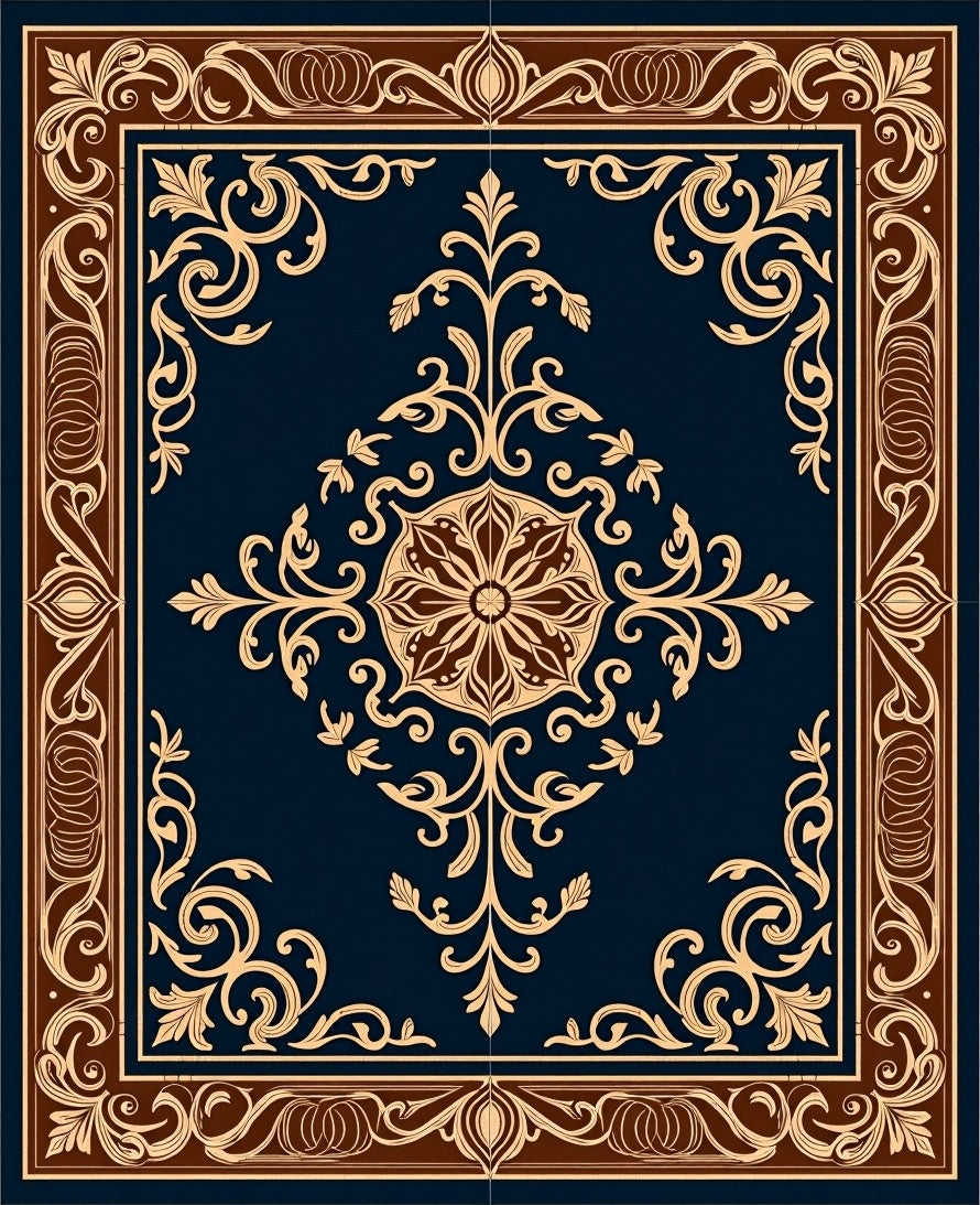 Classic Brown Floral Medallion Navy Rug